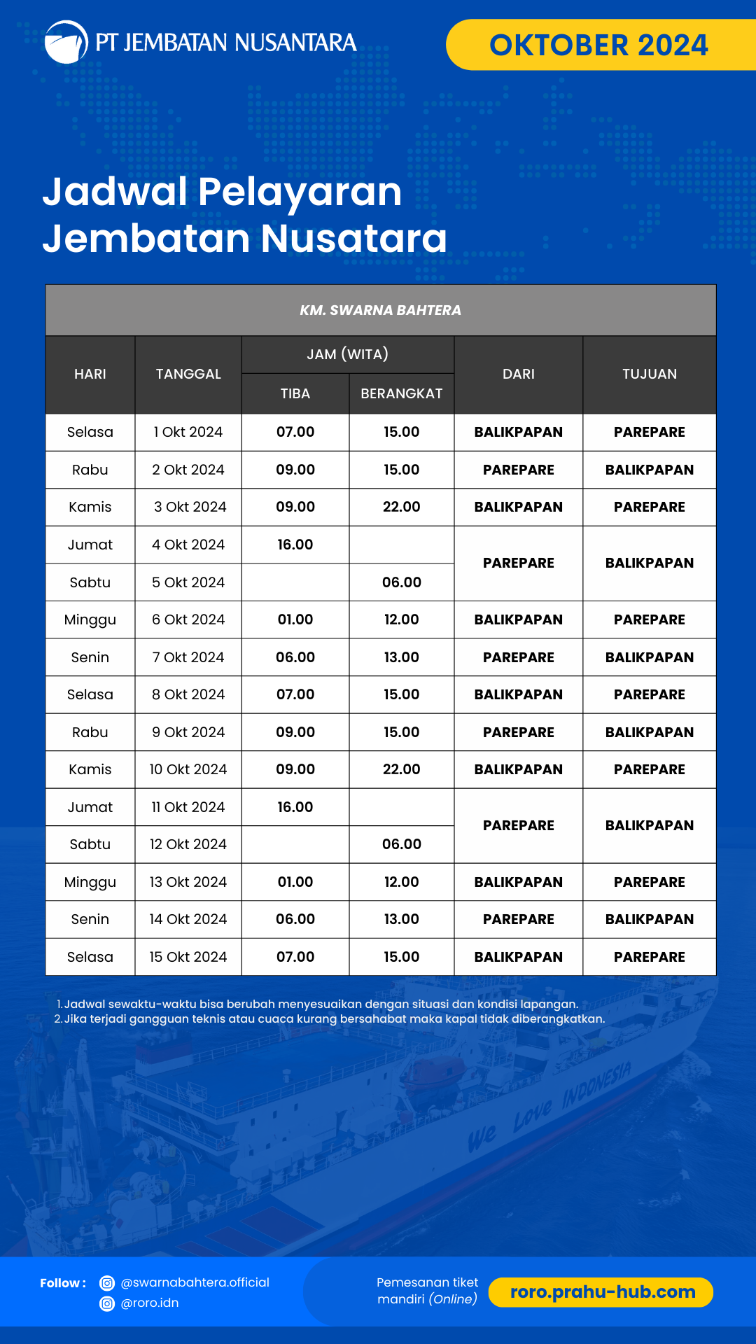 Jadwal RORO Bulan Oktober 2024