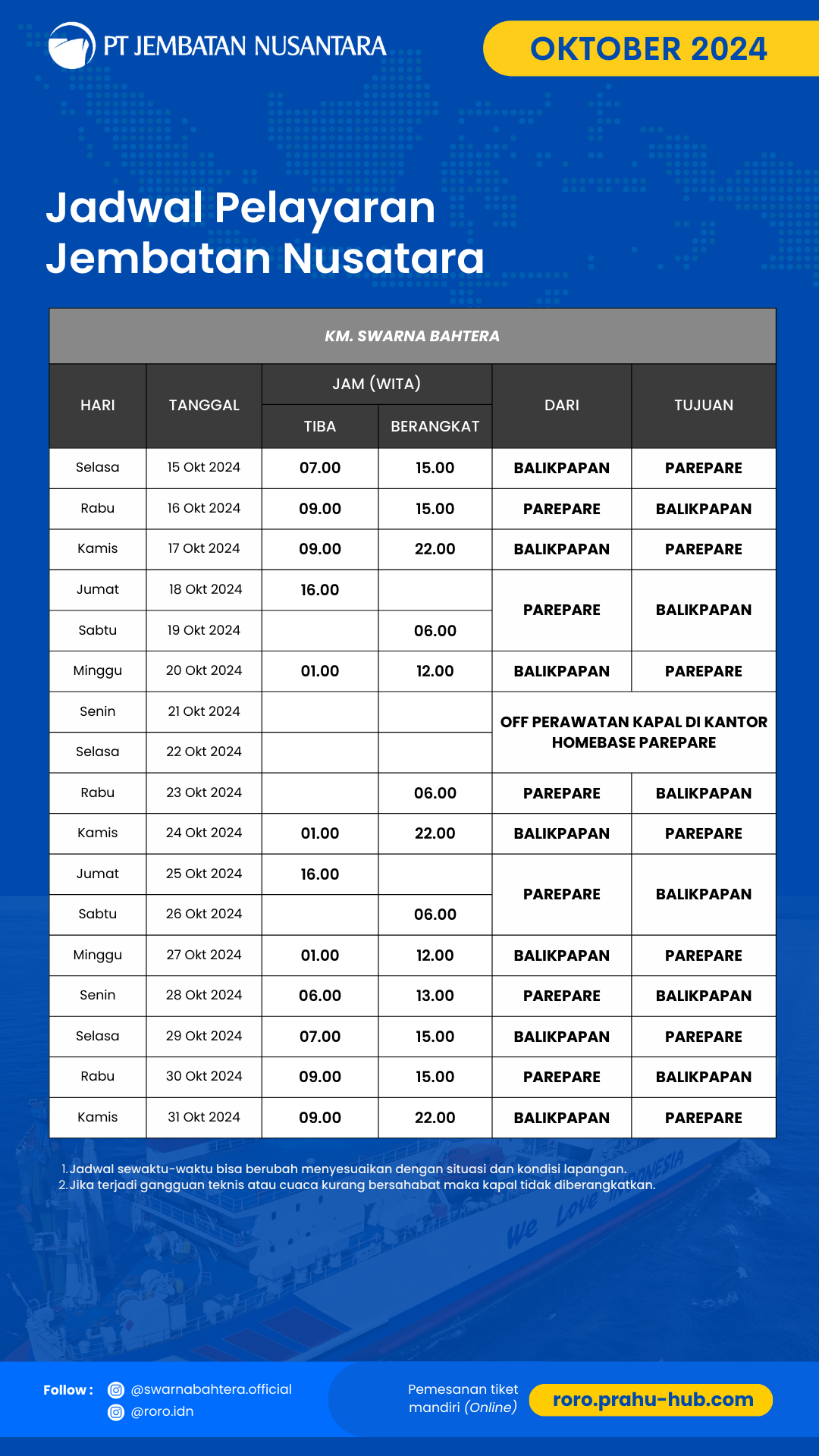 Jadwal Bulan Oktober Lintasan Balikpapan Parepare